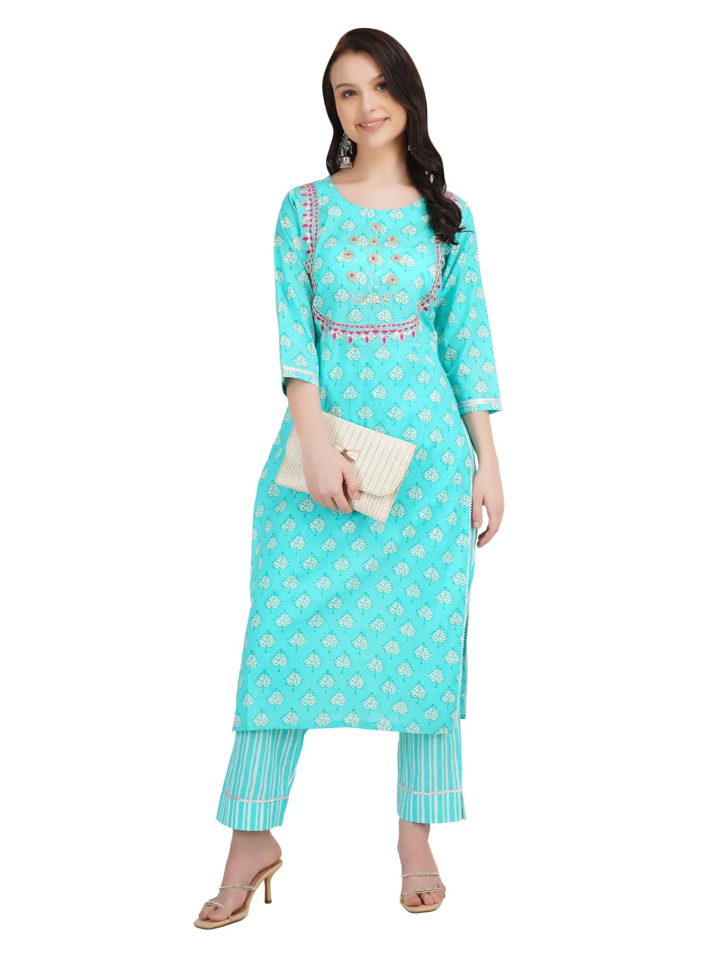 Desi Chhokri Pure Cotton Sea Green Printed Kurta Set for Women | Straight Fit 2-Piece Cotton Suit