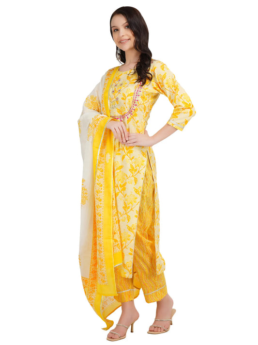 Desi Chhokri Pure Cotton Straight Yellow Printed Kurta Set for Women | 3-Piece Ethnic Cotton Suit