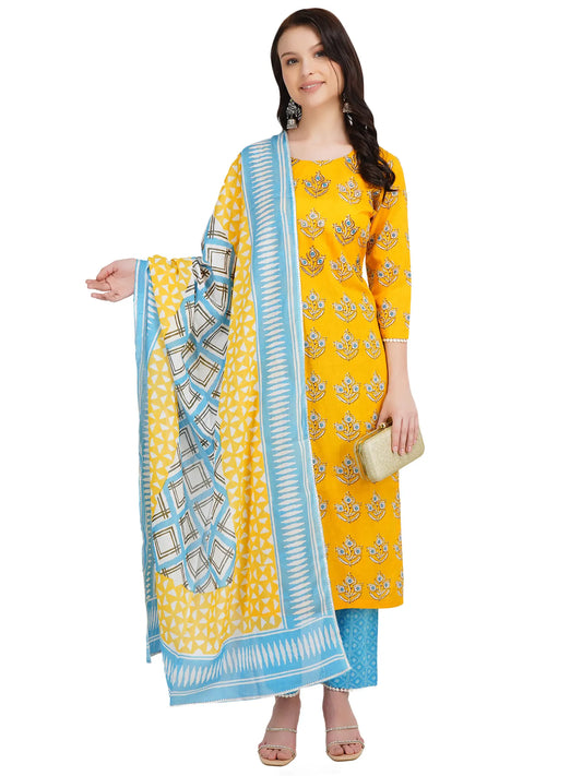 Desi Chhokri Pure Cotton Yellow & Sea Green Printed Kurta Set for Women | 3-Piece Ethnic Wear