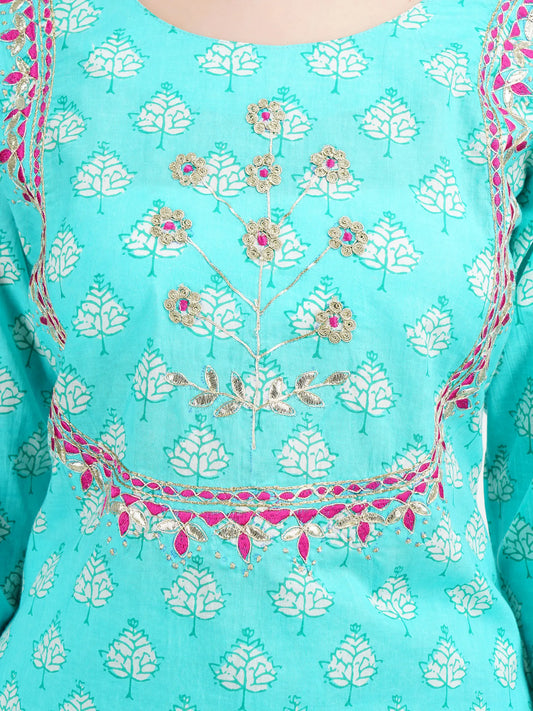 Desi Chhokri Pure Cotton Sea Green Printed Kurta Set for Women | Straight Fit 2-Piece Cotton Suit