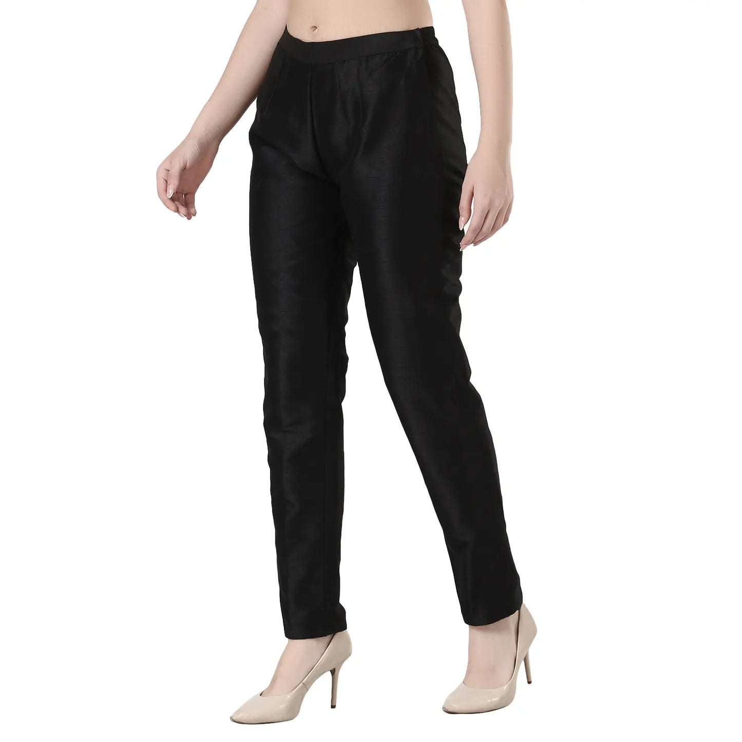 Desi Chhokri Black Solid Women's Silk Trouser | Straight Fit Ethnic Bottom Wear