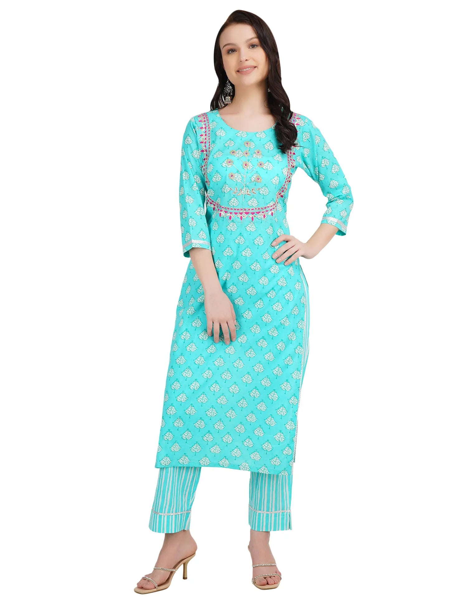 Desi Chhokri Pure Cotton Sea Green Printed Kurta Set for Women | Straight Fit 2-Piece Cotton Suit