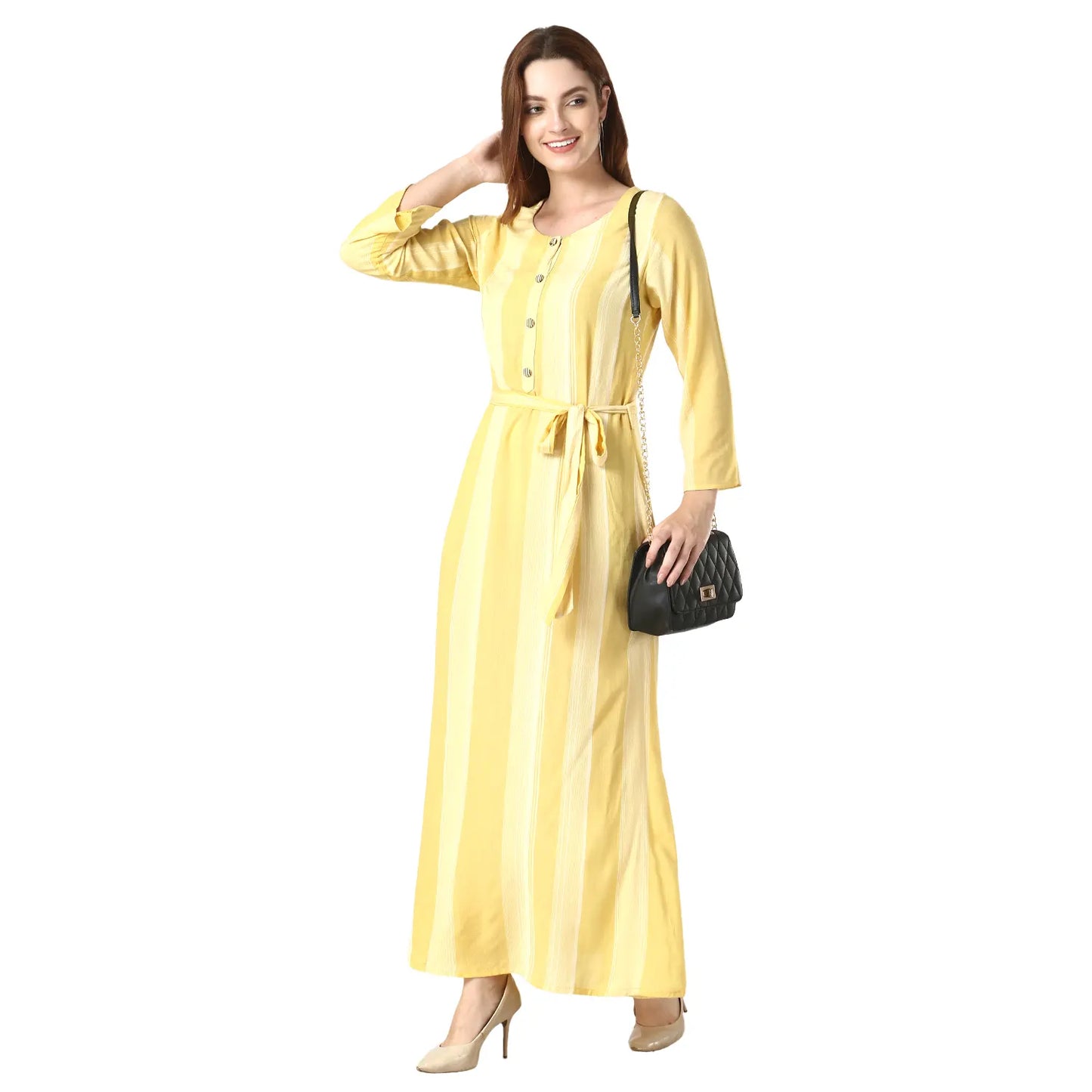 DESICHHOKRI Women's Yellow Striped Tie-Waist Maxi Dress