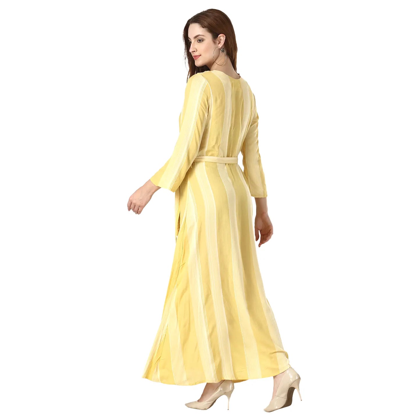 DESICHHOKRI Women's Yellow Striped Tie-Waist Maxi Dress