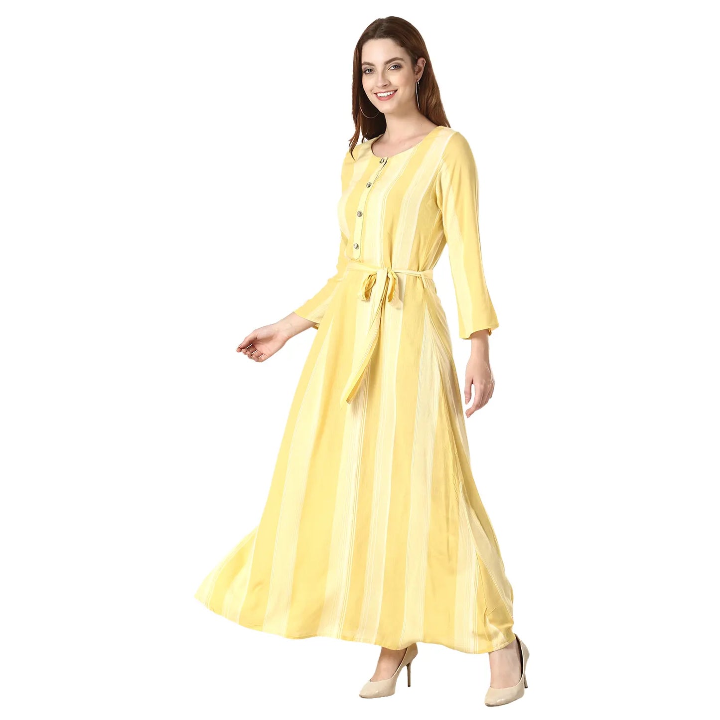 DESICHHOKRI Women's Yellow Striped Tie-Waist Maxi Dress