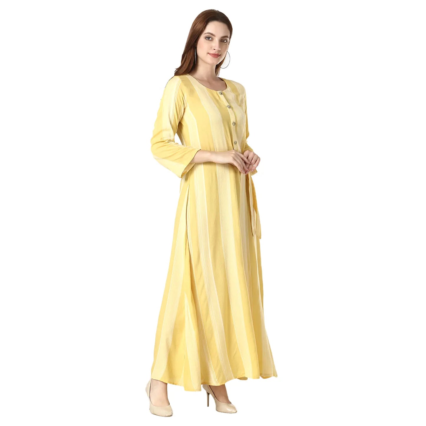 DESICHHOKRI Women's Yellow Striped Tie-Waist Maxi Dress