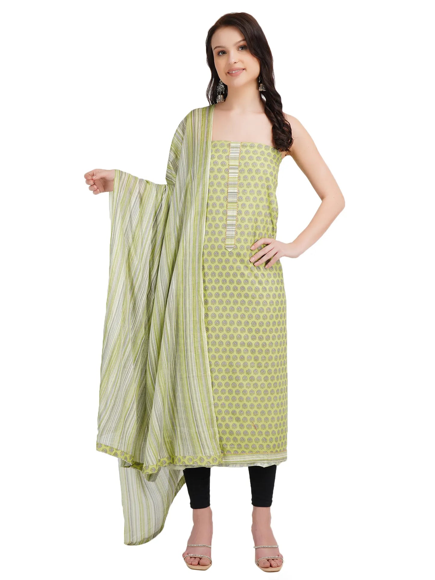 Desi Chhokri Women's Printed Mustard Unstitched Kurta Set with Dupatta (3 Pieces)