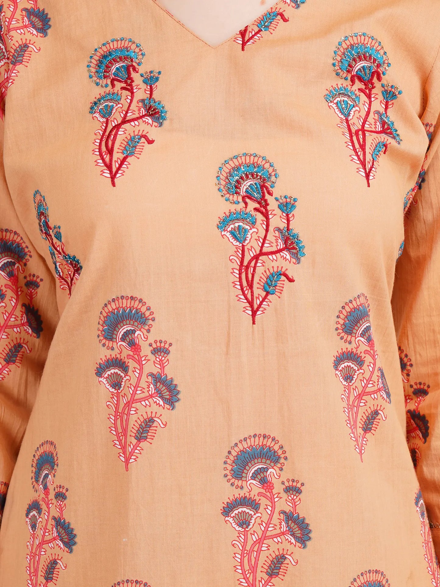 Desi Chhokri Pure Cotton Straight Multicolour Printed Kurta Set for Women | Peach 2-Piece Cotton Ethnic Wear