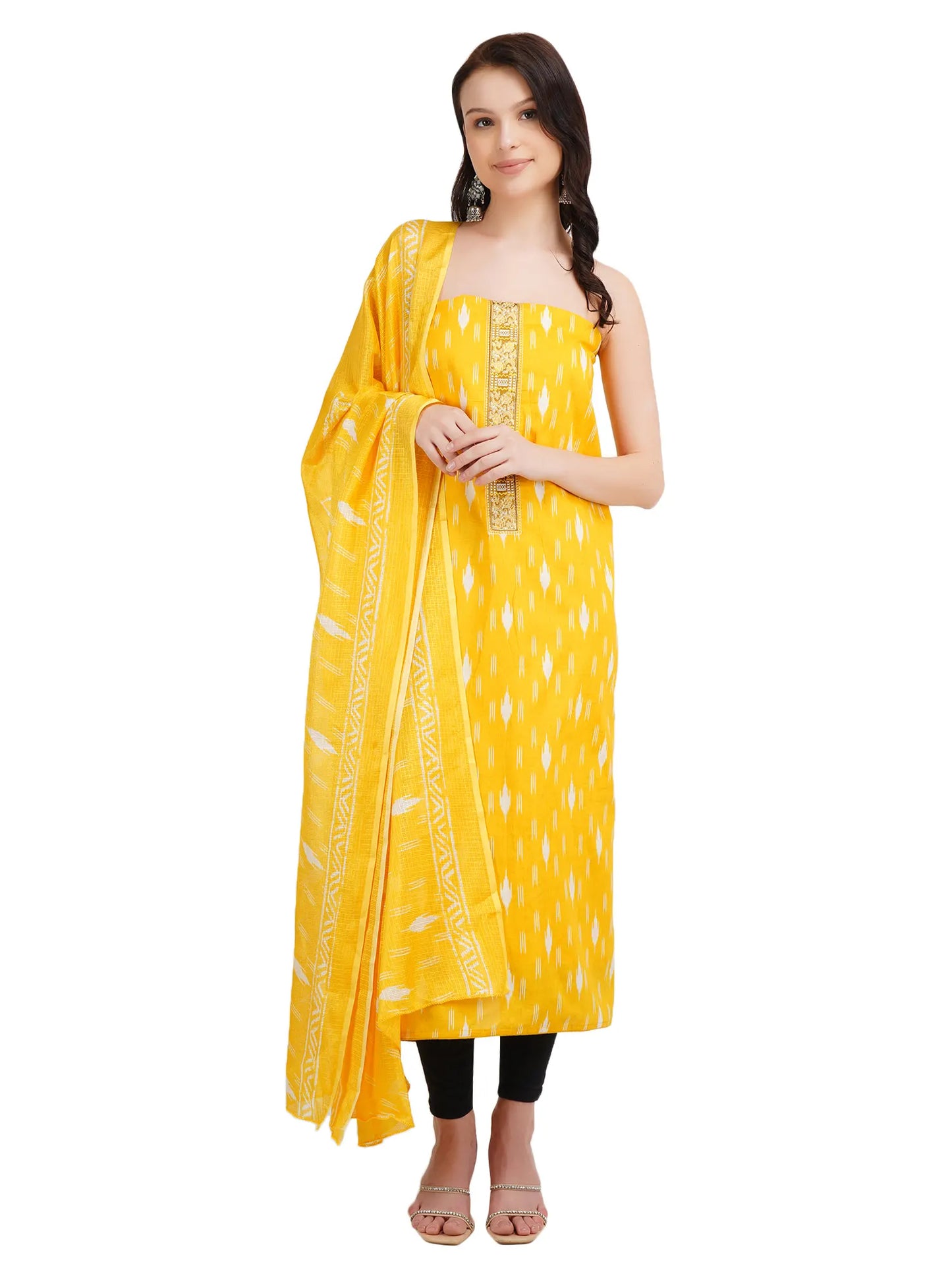 Desi Chhokri Women's Printed Mustard Unstitched Kurta Set with Dupatta (3 Pieces)