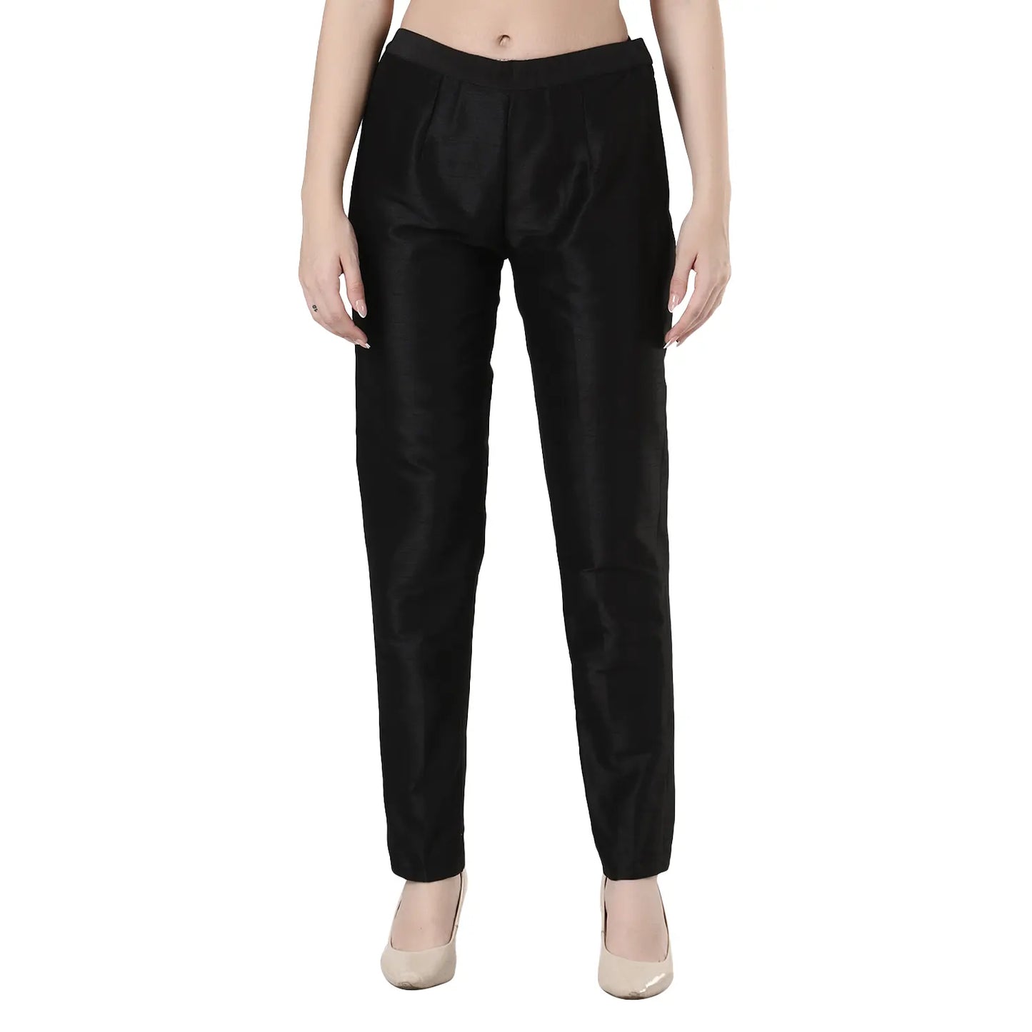 Desi Chhokri Black Solid Women's Silk Trouser | Straight Fit Ethnic Bottom Wear