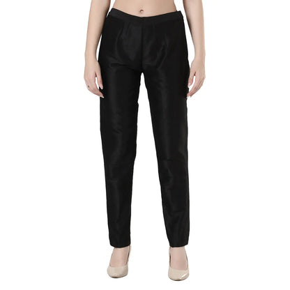 Desi Chhokri Black Solid Women's Silk Trouser | Straight Fit Ethnic Bottom Wear