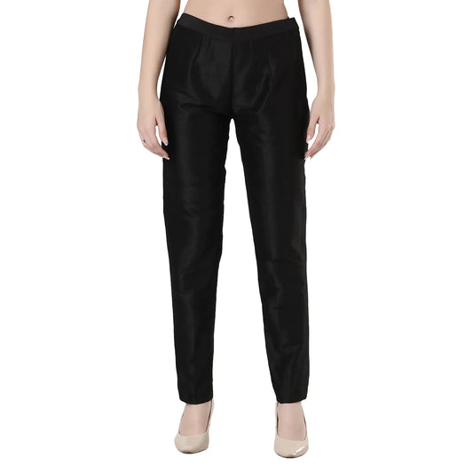 Desi Chhokri Black Solid Women's Silk Trouser | Straight Fit Ethnic Bottom Wear