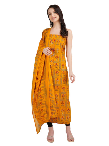 Desi Chhokri Women's Printed Mustard Unstitched Kurta Set with Dupatta (3 Pieces)