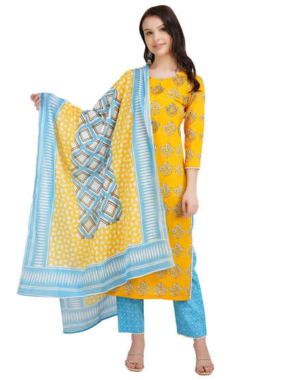 Desi Chhokri Pure Cotton Yellow & Sea Green Printed Kurta Set for Women | 3-Piece Ethnic Wear