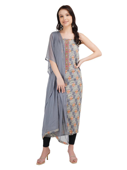 Desi Chhokri Women's Printed Mustard Unstitched Kurta Set with Dupatta (3 Pieces)