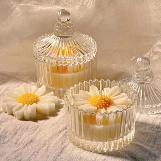 Elegant Daisy Flower Scented Candle in Premium Ribbed Glass Jar with Decorative Lid
