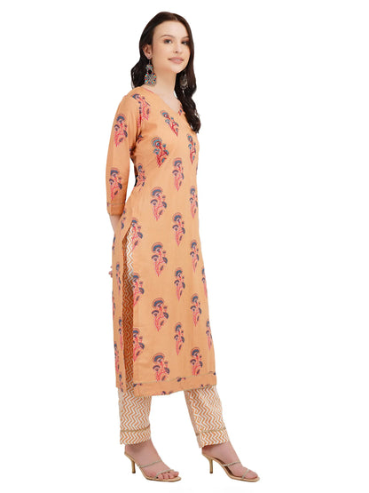 Desi Chhokri Pure Cotton Straight Multicolour Printed Kurta Set for Women | Peach 2-Piece Cotton Ethnic Wear
