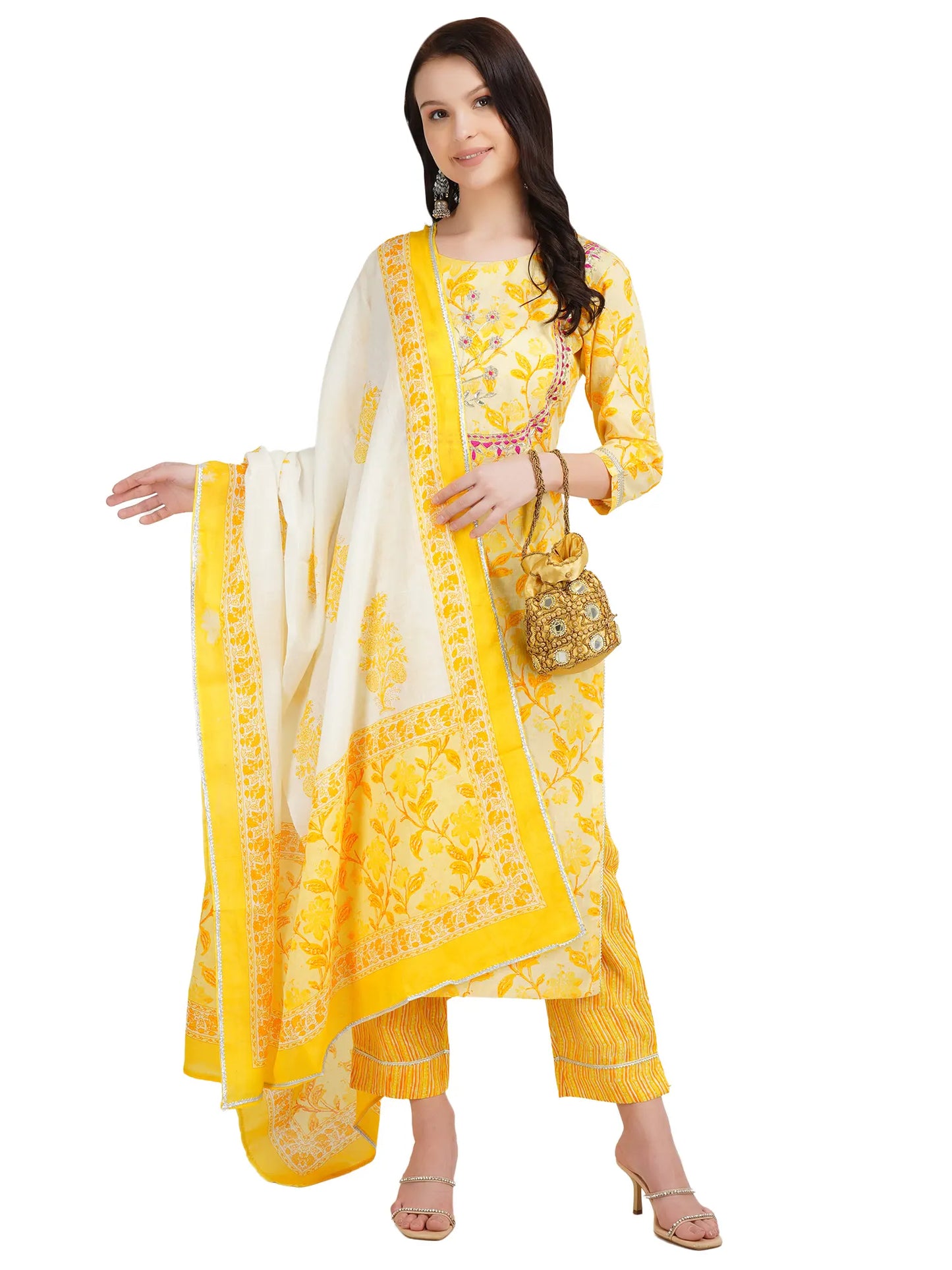 Desi Chhokri Pure Cotton Straight Yellow Printed Kurta Set for Women | 3-Piece Ethnic Cotton Suit