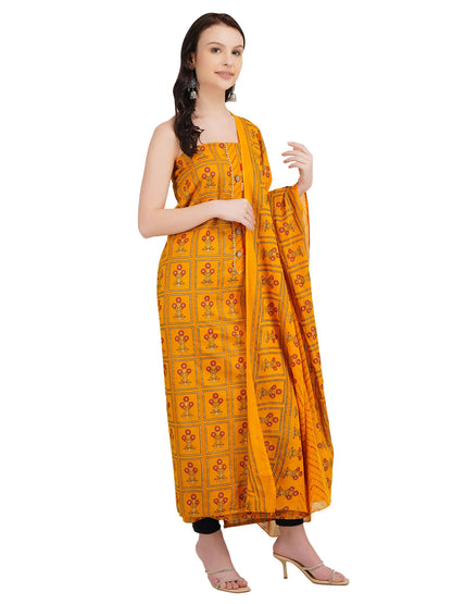 Desi Chhokri Women's Printed Mustard Unstitched Kurta Set with Dupatta (3 Pieces)