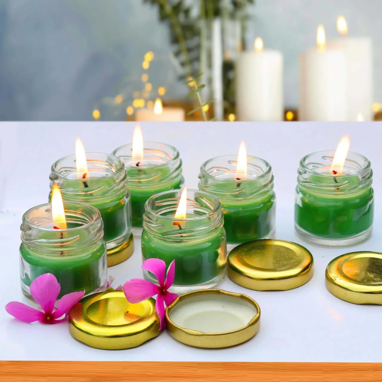 Green Scented Candle Set with Glass Jars & Golden Lids – Decorative Aromatherapy Candles(Pack of 6)