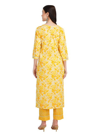 Desi Chhokri Pure Cotton Straight Yellow Printed Kurta Set for Women | 3-Piece Ethnic Cotton Suit