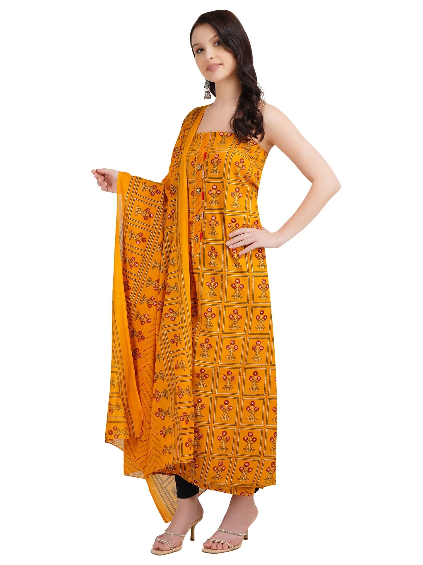 Desi Chhokri Women's Printed Mustard Unstitched Kurta Set with Dupatta (3 Pieces)