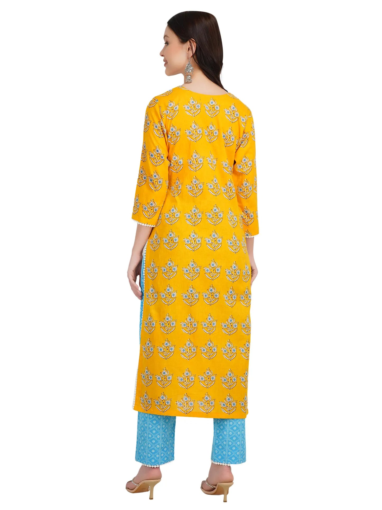 Desi Chhokri Pure Cotton Yellow & Sea Green Printed Kurta Set for Women | 3-Piece Ethnic Wear