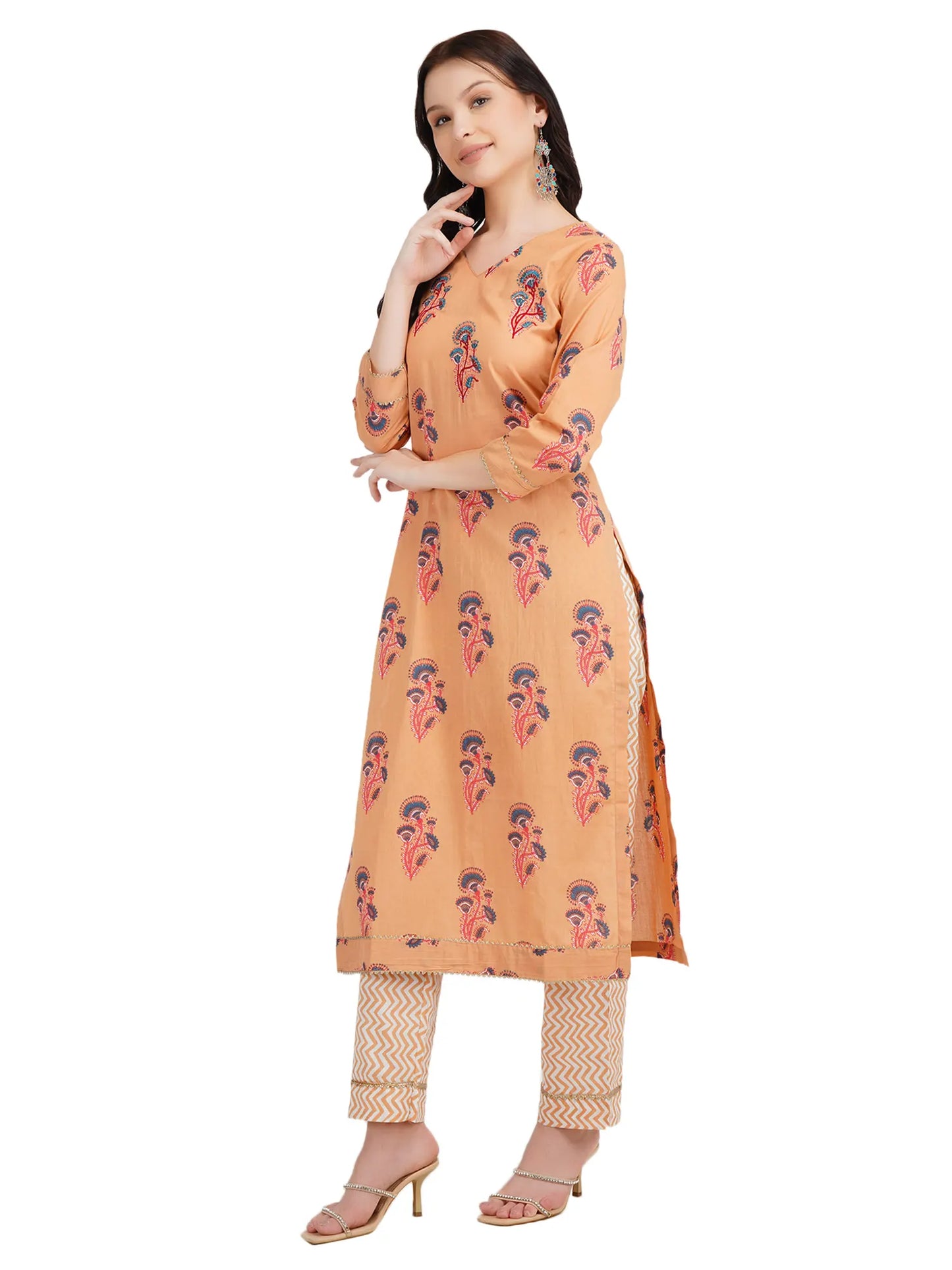 Desi Chhokri Pure Cotton Straight Multicolour Printed Kurta Set for Women | Peach 2-Piece Cotton Ethnic Wear