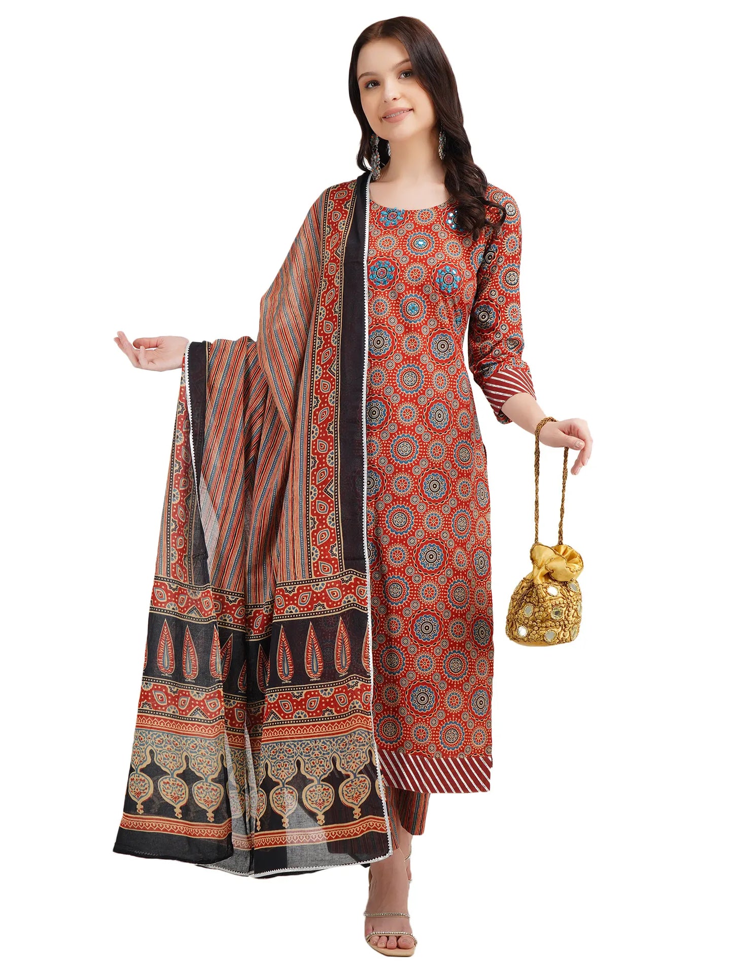 Desi Chhokri Pure Cotton Straight Multicolour Printed Kurta Set with Dupatta | Ethnic 3-Piece Women's Suit Set