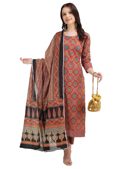 Desi Chhokri Pure Cotton Straight Multicolour Printed Kurta Set with Dupatta | Ethnic 3-Piece Women's Suit Set