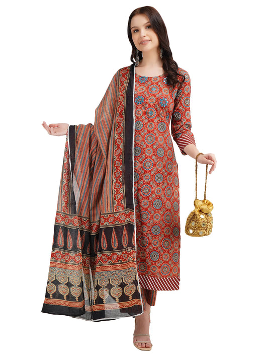 Desi Chhokri Pure Cotton Straight Multicolour Printed Kurta Set with Dupatta | Ethnic 3-Piece Women's Suit Set