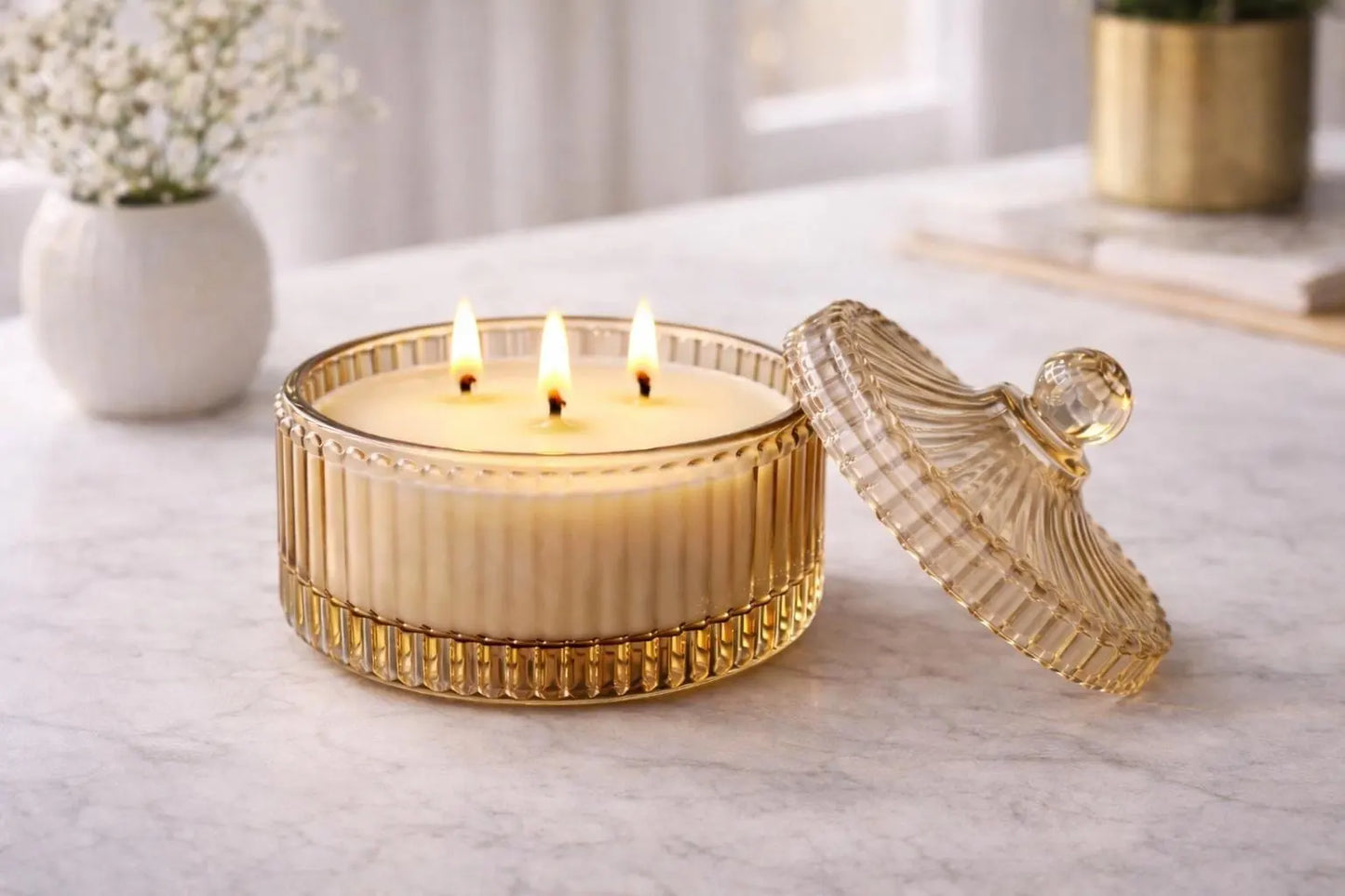 Luxury Scented Candle in Ribbed Glass Jar with Decorative Crystal Lid – Home Décor Candle(Pack of 2)