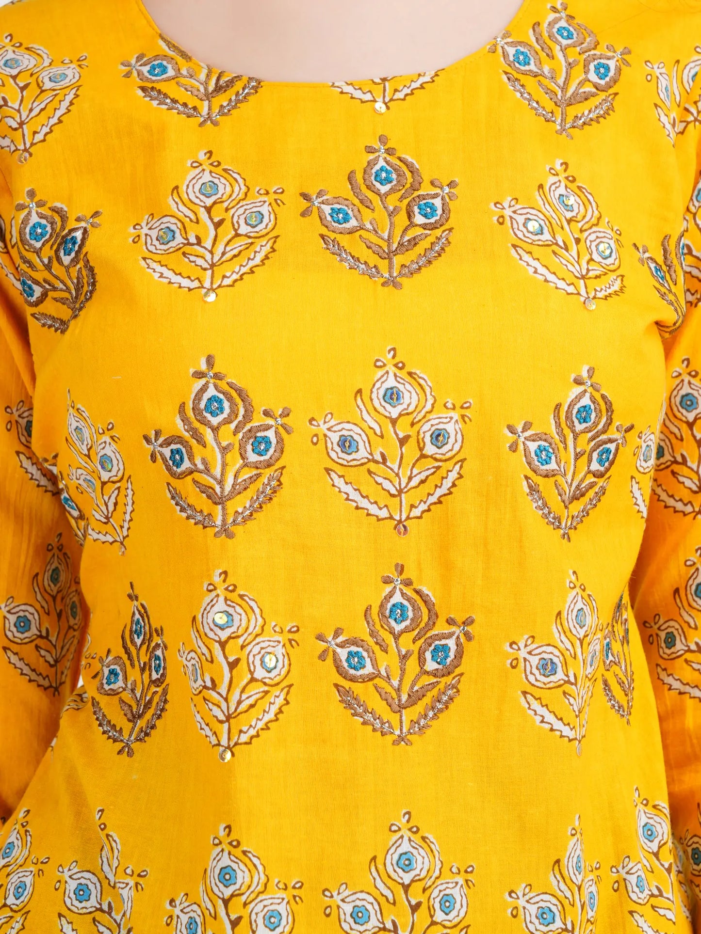 Desi Chhokri Pure Cotton Yellow & Sea Green Printed Kurta Set for Women | 3-Piece Ethnic Wear