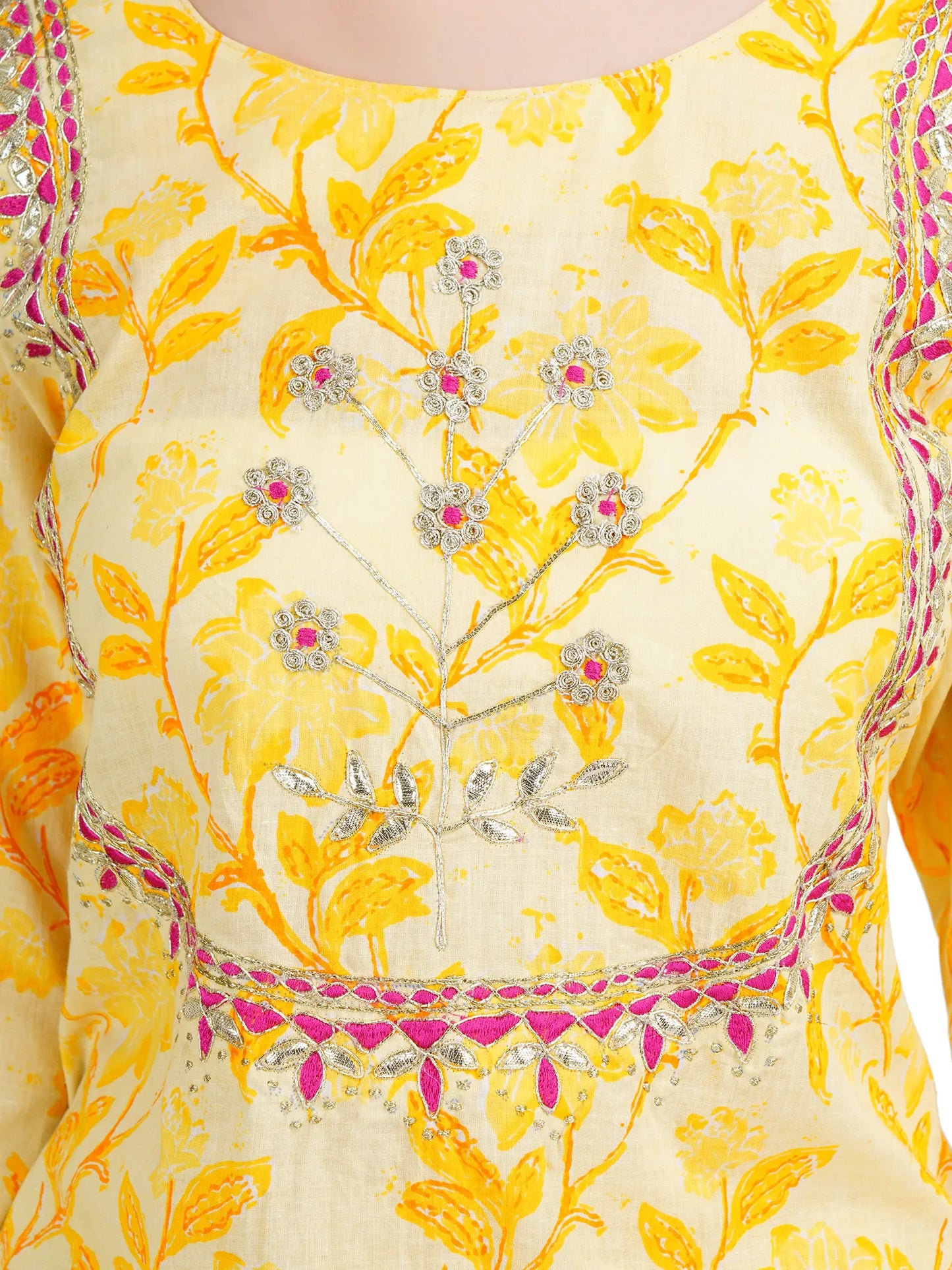 Desi Chhokri Pure Cotton Straight Yellow Printed Kurta Set for Women | 3-Piece Ethnic Cotton Suit