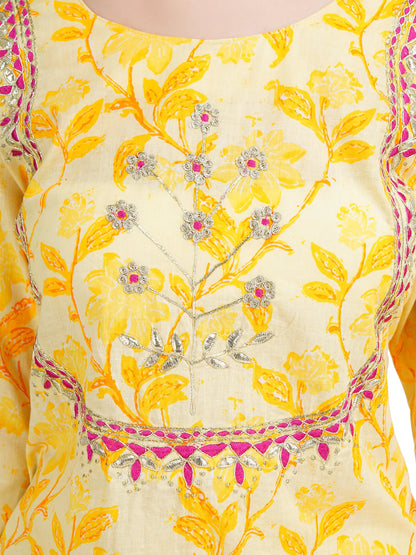 Desi Chhokri Pure Cotton Straight Yellow Printed Kurta Set for Women | 3-Piece Ethnic Cotton Suit