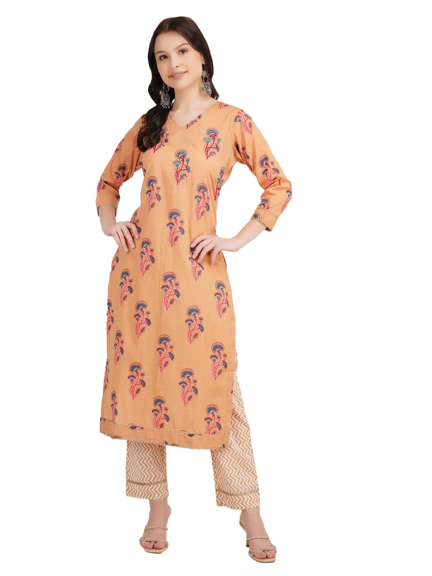 Desi Chhokri Pure Cotton Straight Multicolour Printed Kurta Set for Women | Peach 2-Piece Cotton Ethnic Wear