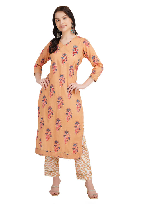 Desi Chhokri Pure Cotton Straight Multicolour Printed Kurta Set for Women | Peach 2-Piece Cotton Ethnic Wear