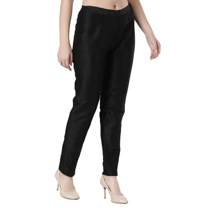 Desi Chhokri Black Solid Women's Silk Trouser | Straight Fit Ethnic Bottom Wear
