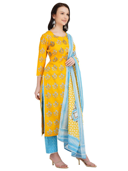 Desi Chhokri Pure Cotton Yellow & Sea Green Printed Kurta Set for Women | 3-Piece Ethnic Wear