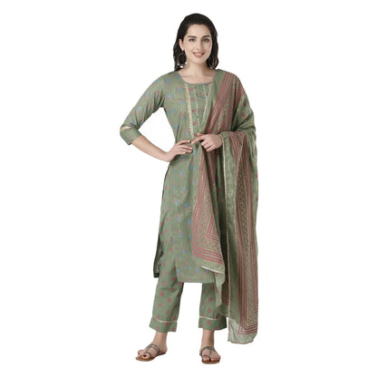 DESICHHOKRI Women's Green Printed Kurta Set with Pants & Dupatta (3-Piece Set)