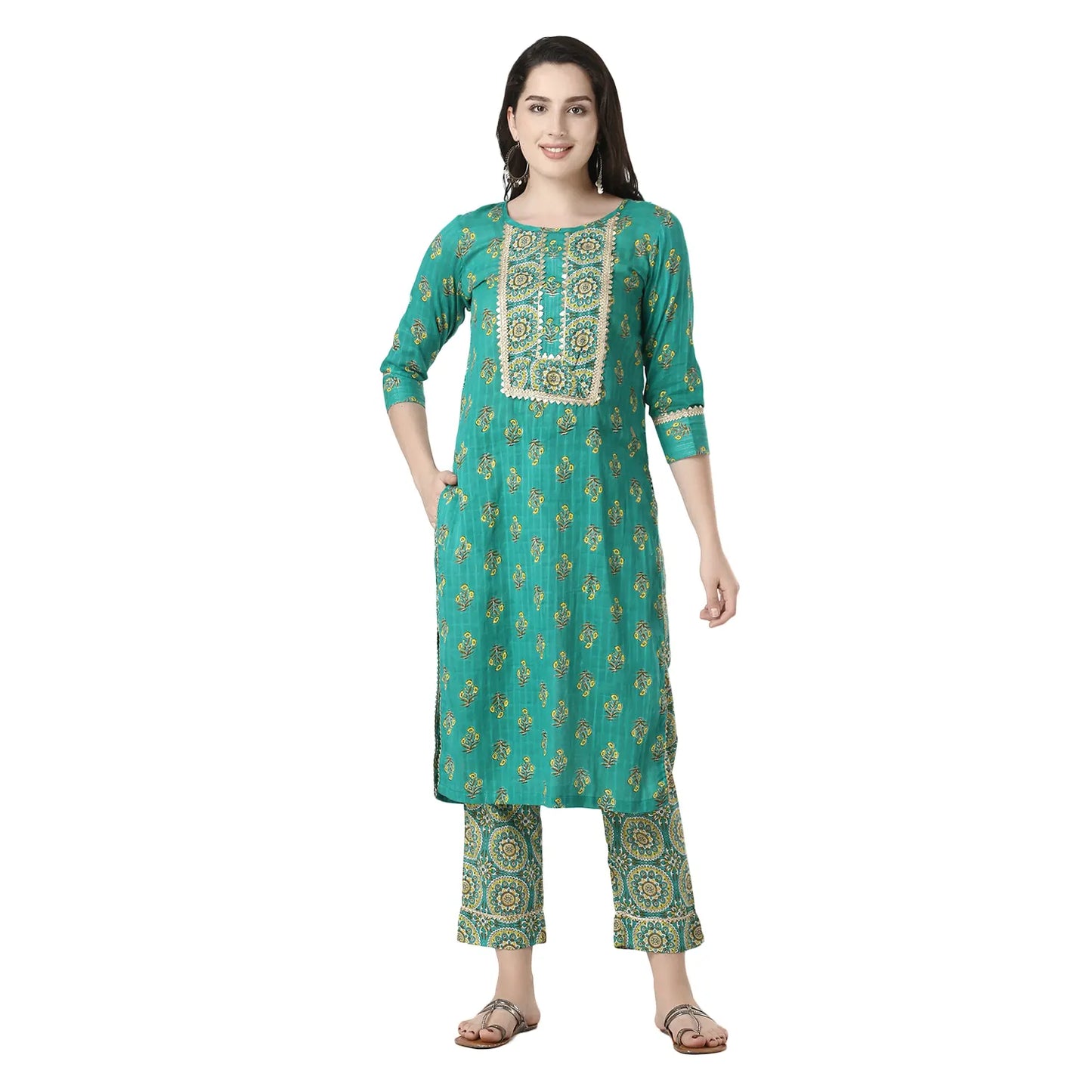 DESICHHOKRI Women's Green Printed Kurta Set with Pants & Dupatta (3-Piece Set)