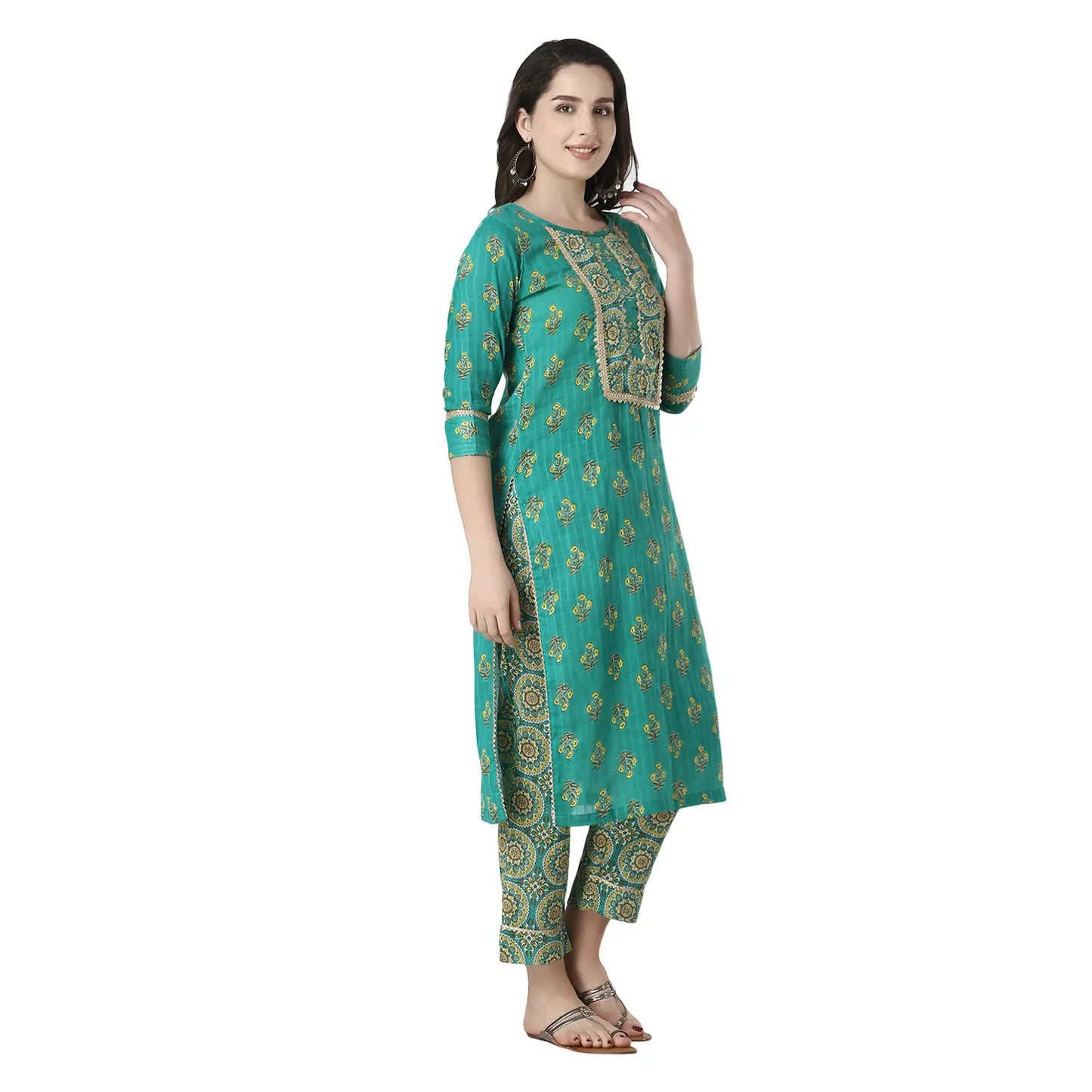 DESICHHOKRI Women's Green Printed Kurta Set with Pants & Dupatta (3-Piece Set)