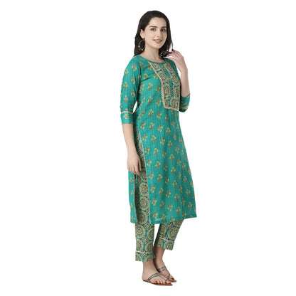 DESICHHOKRI Women's Green Printed Kurta Set with Pants & Dupatta (3-Piece Set)