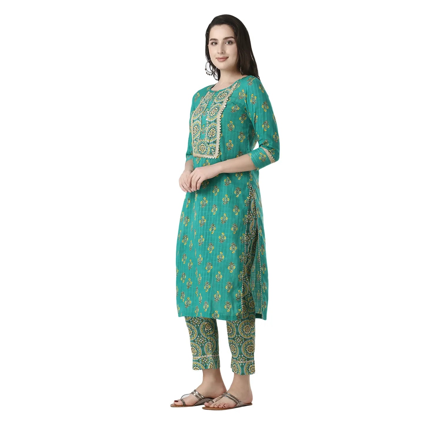 DESICHHOKRI Women's Green Printed Kurta Set with Pants & Dupatta (3-Piece Set)