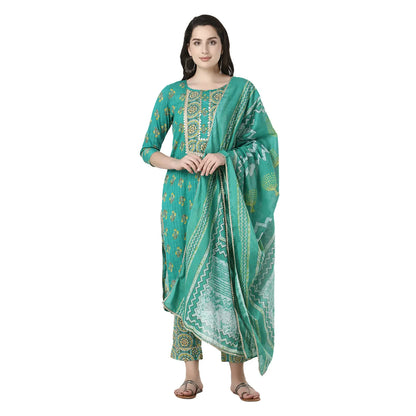 DESICHHOKRI Women's Green Printed Kurta Set with Pants & Dupatta (3-Piece Set)