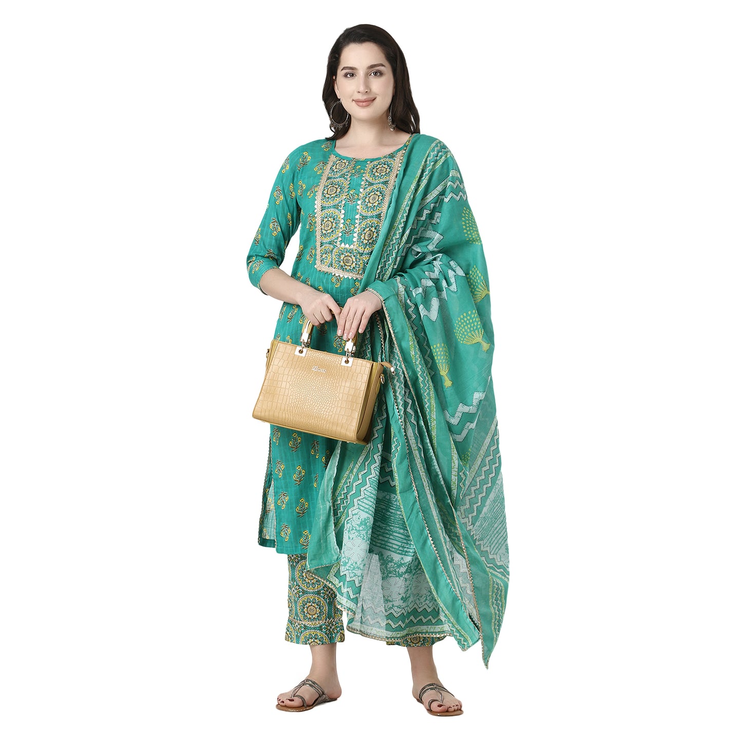 DESICHHOKRI Women's Green Printed Kurta Set with Pants & Dupatta (3-Piece Set)
