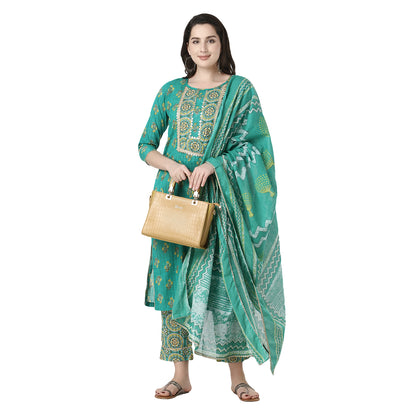 DESICHHOKRI Women's Green Printed Kurta Set with Pants & Dupatta (3-Piece Set)
