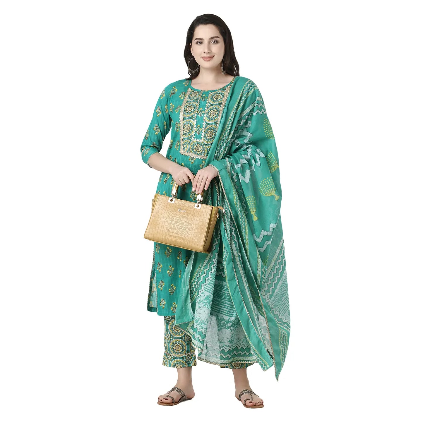 DESICHHOKRI Women's Green Printed Kurta Set with Pants & Dupatta (3-Piece Set)