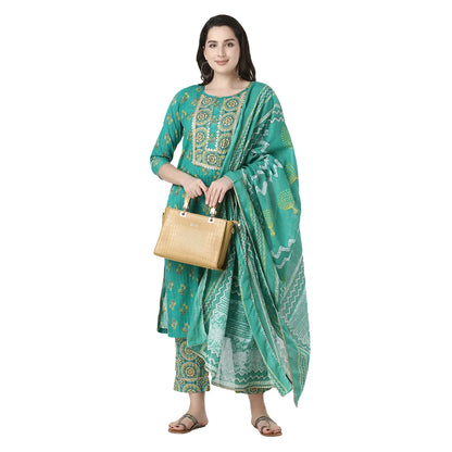 DESICHHOKRI Women's Green Printed Kurta Set with Pants & Dupatta (3-Piece Set)