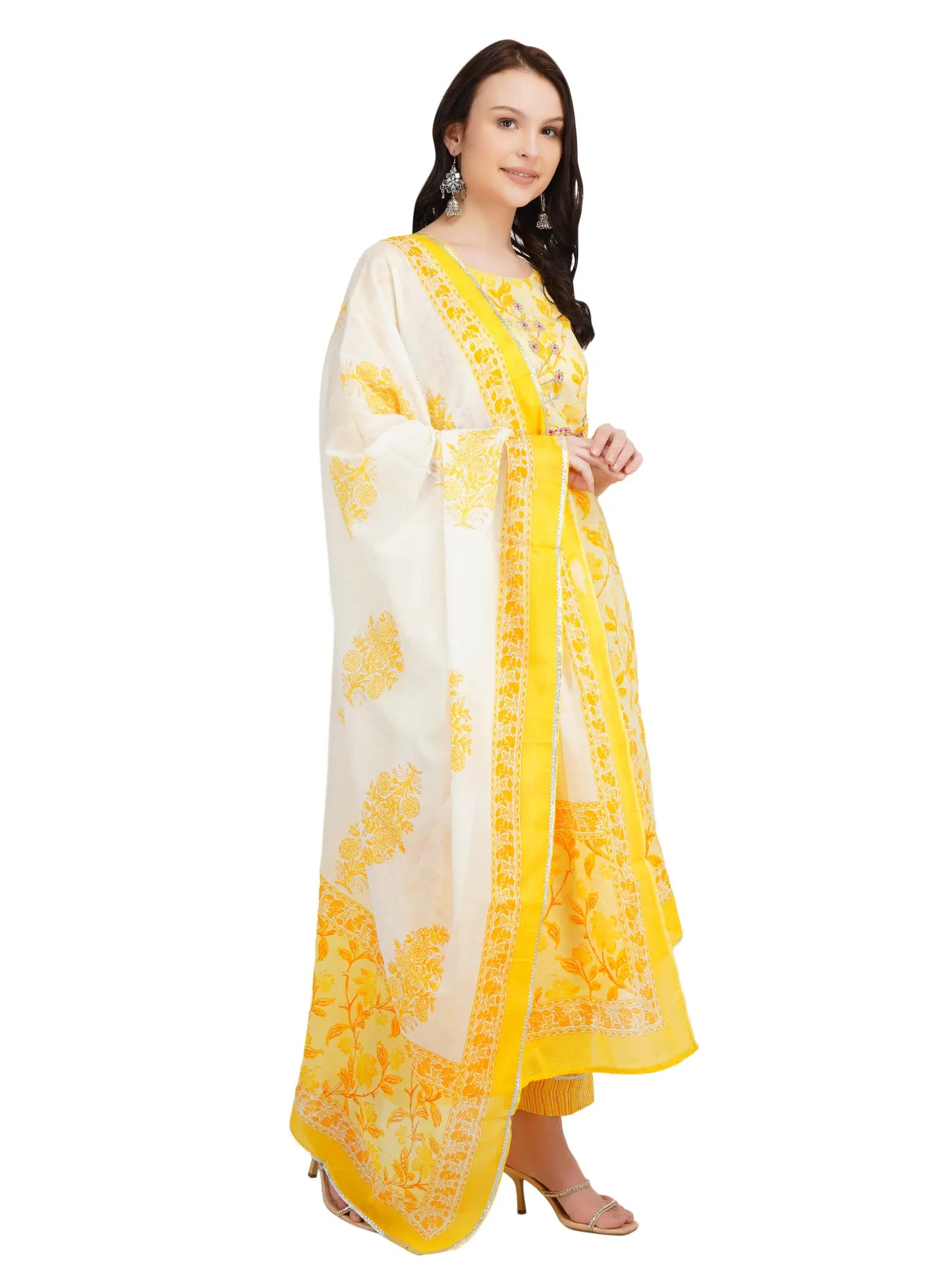 Desi Chhokri Pure Cotton Straight Yellow Printed Kurta Set for Women | 3-Piece Ethnic Cotton Suit